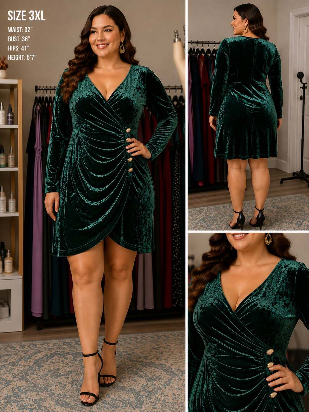 SHEIN Clasi Plus Size Long Sleeve V-Neck Crushed Velvet Wrap Bodycon Dress